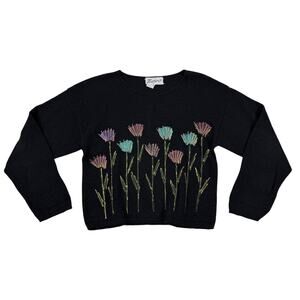 Victoria Made in USA Floral Hand-Painted Graphic Sweater Black Cotton Slub Knit